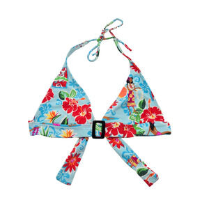 Vintage Y2K Inmocean Hawaiian Floral Bikini Top Size L Blue Halter Coconut Girl